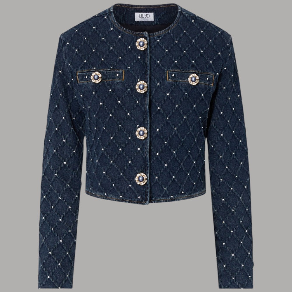 Giacca Liu Jo corta in denim blu trapuntato con strass, tasche applicate e bottoni gioiello