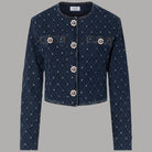 Giacca Liu Jo corta in denim blu trapuntato con strass, tasche applicate e bottoni gioiello