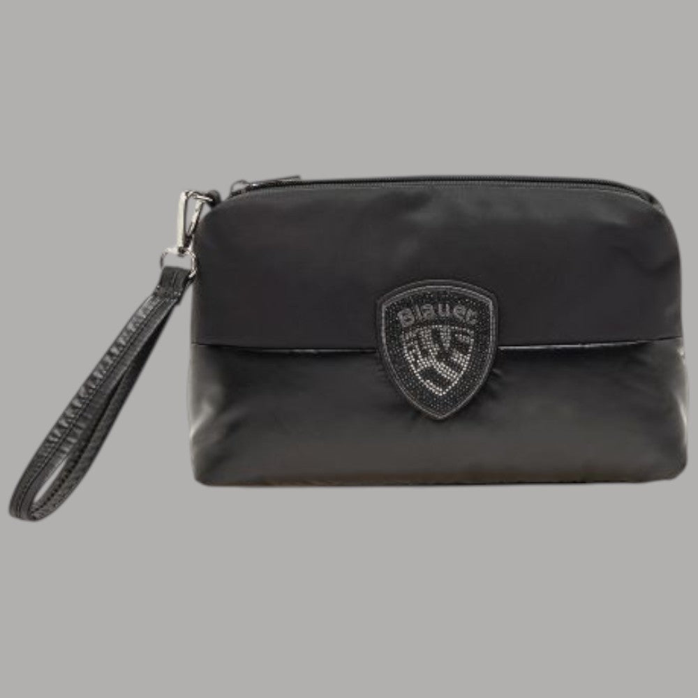 Pochette donna clutch Blauer in tessuto nylon nera con logo applicato sul fronte, tracolla removibile