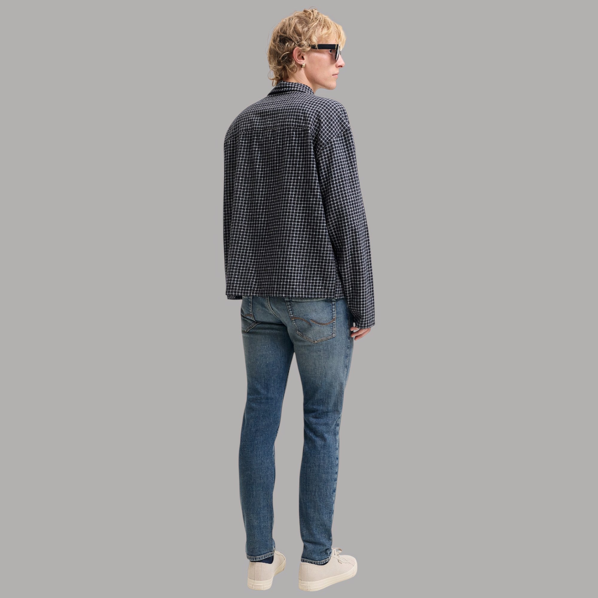 Jeans slim fit uomo Jack & Jones Glenn SBD 159 SN con texture a quadri blu scuro e cuciture visibili