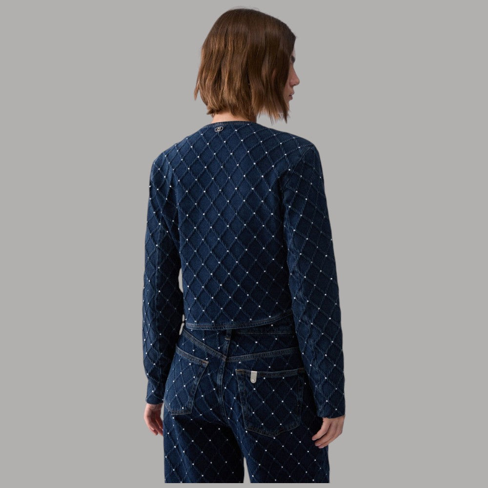 Giacca Liu Jo in denim blu trapuntato con strass, vista sul retro