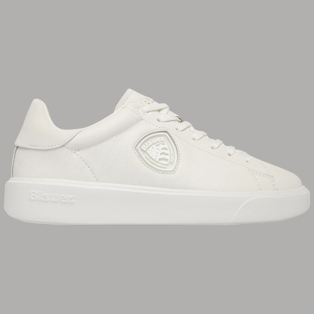 Sneakers uomo Blauer in pelle bianca con logo side in rilievo e suola spessa