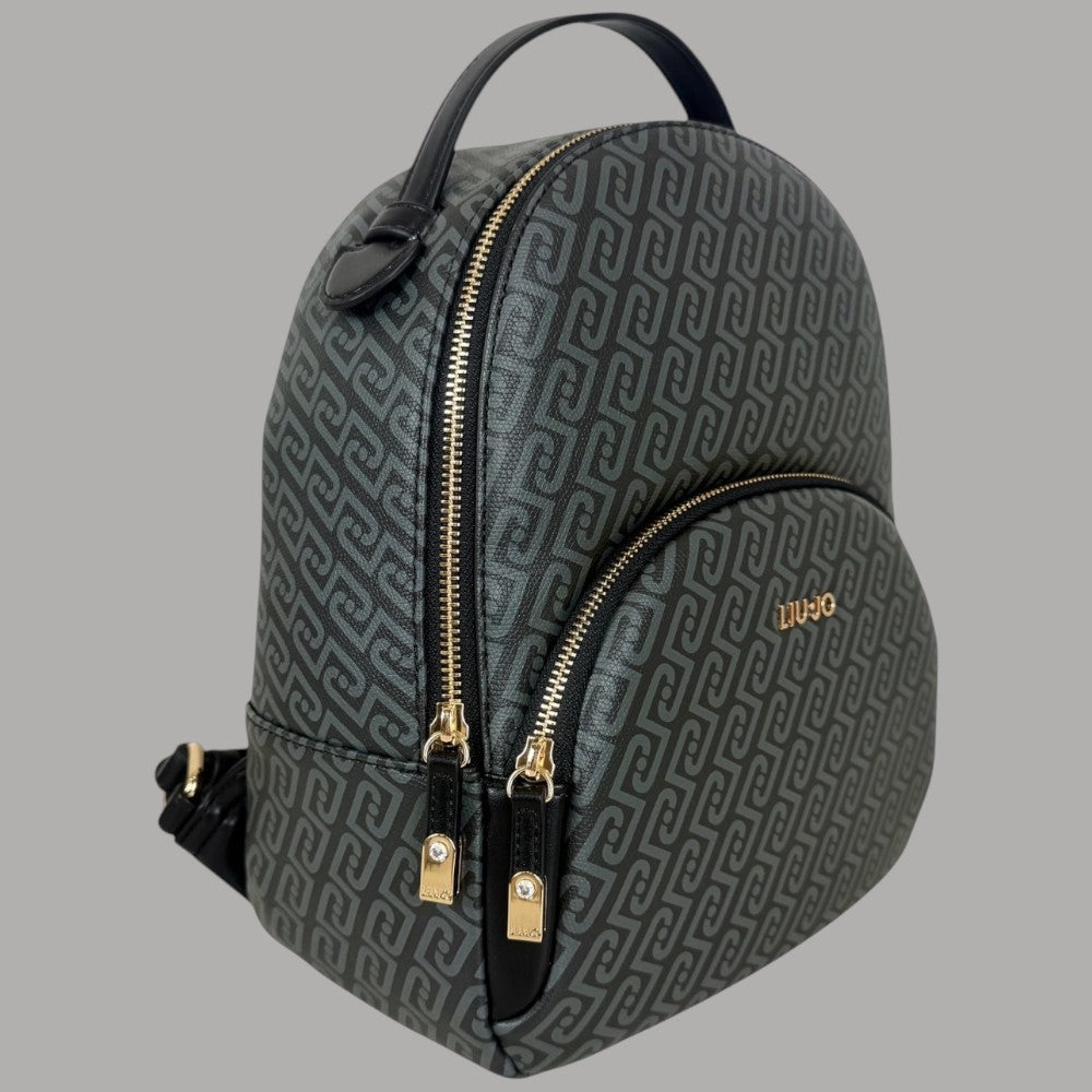 Liu Jo Manhattan logo monogram AF6209E1137 zaino nero con motivo a pattern, zip e dettagli oro