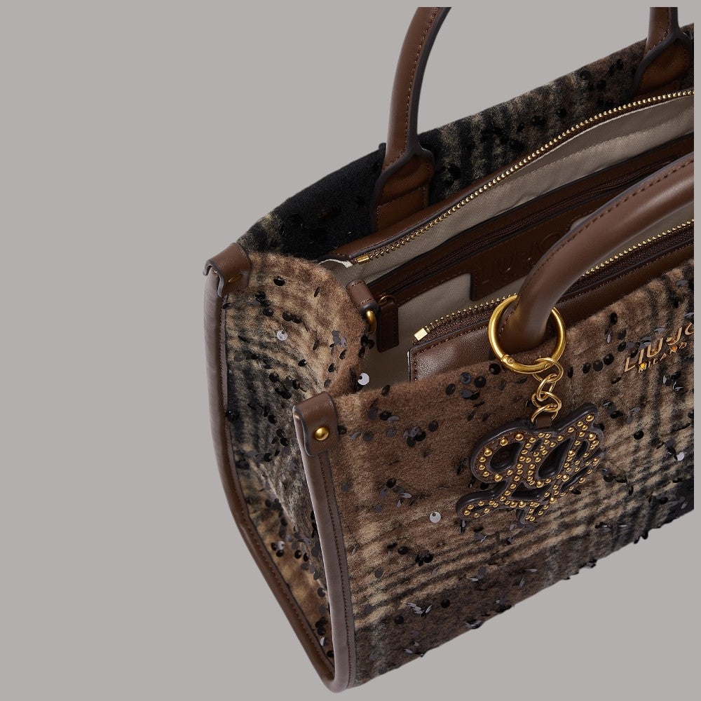Borsa media Liu Jo in tessuto check con paillettes e dettaglio logo dorato