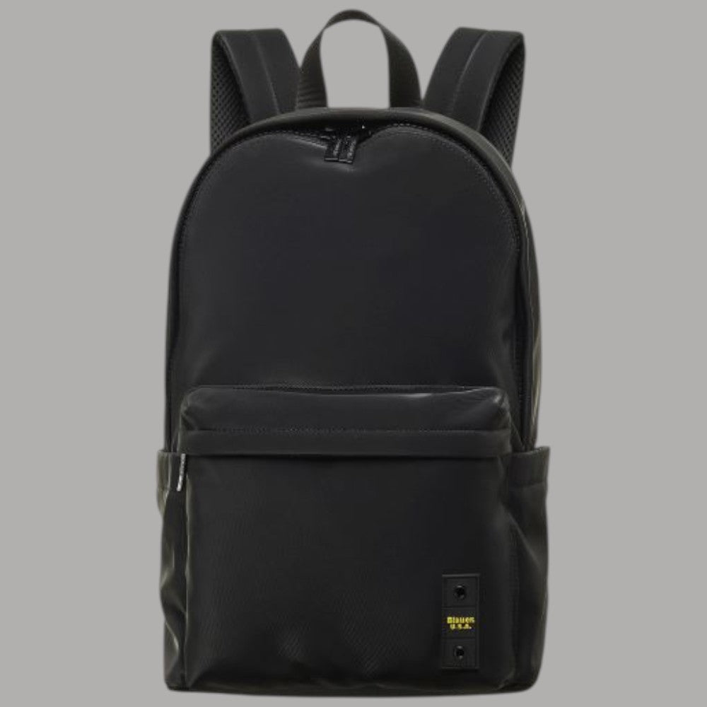 Blauer Zaino nero con zip frontale e logo giallo Dettaglio zip e etichetta Blauer