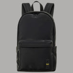 Blauer Zaino nero con zip frontale e logo giallo Dettaglio zip e etichetta Blauer