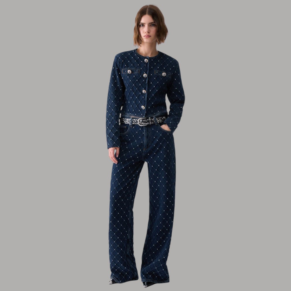 Liu Jo Jeans straight matelassé con strass blu navy dettaglio zip e cuciture