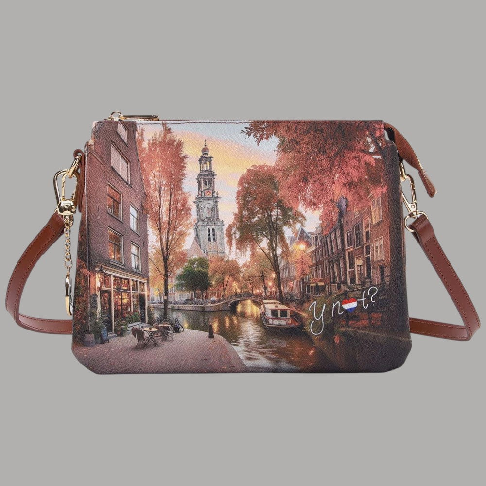 YNot borsa a tracolla stampa città autunno con scomparti in brunito