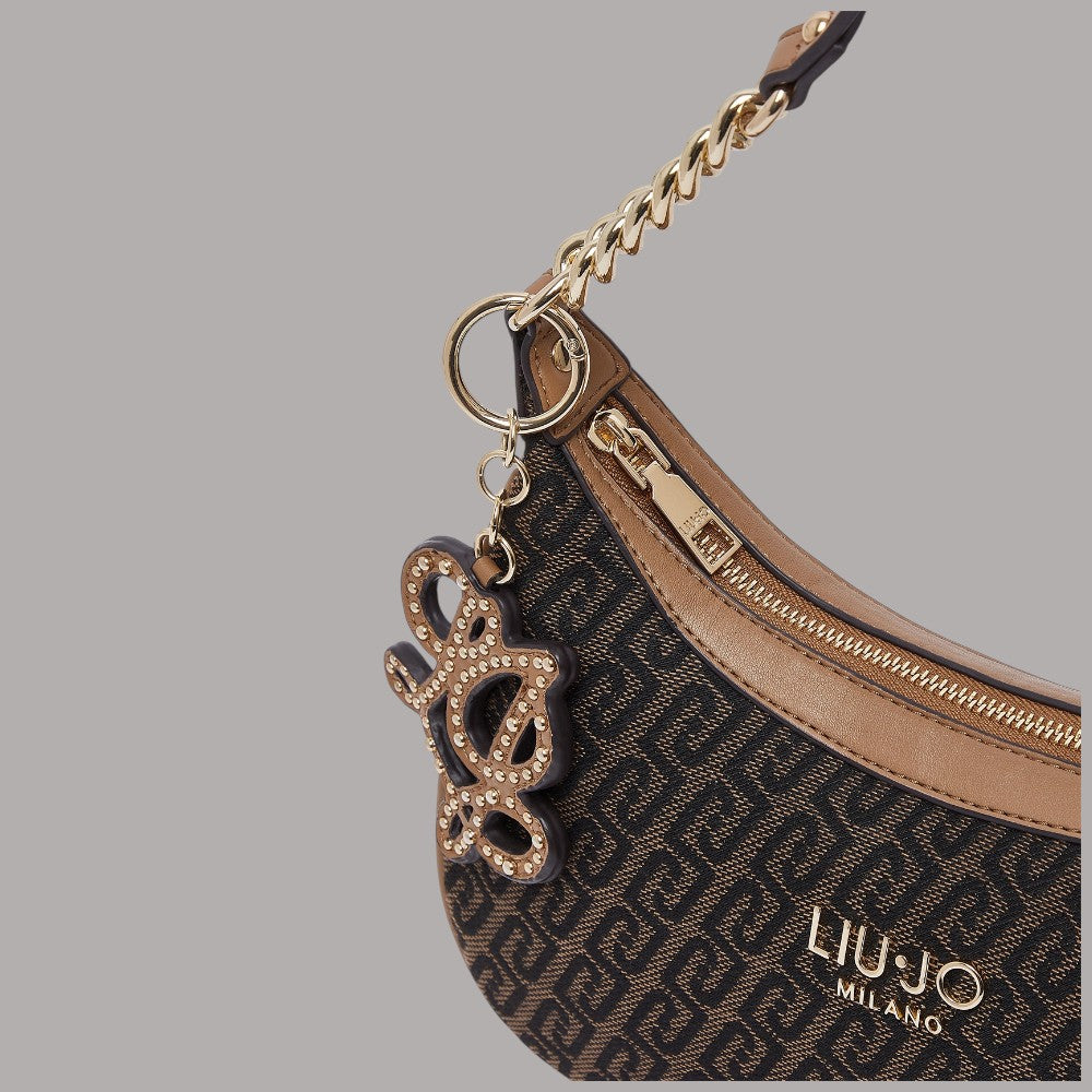 Borsa a spalla piccola Liu Jo in tessuto jacquard con dettagli in pelle e charms dorati
