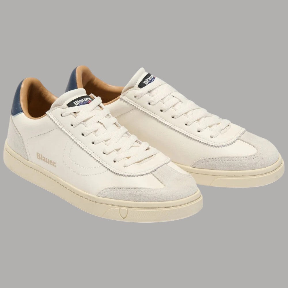 Sneakers uomo Blauer in pelle crema blu con dettaglio logo e cuciture laterali