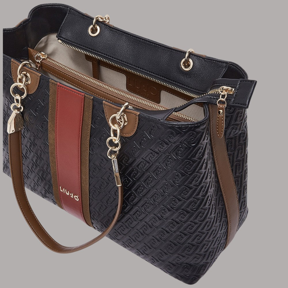 Borsa tote media Liu Jo in nero con dettagli in marrone e rosso, logo embossato