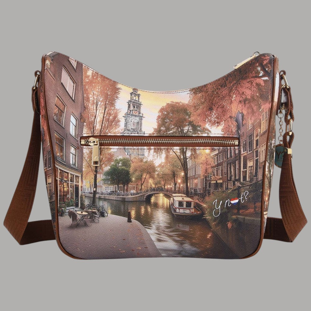 Borsa a spalla YNot con stampa città autunnale con edifici e canale