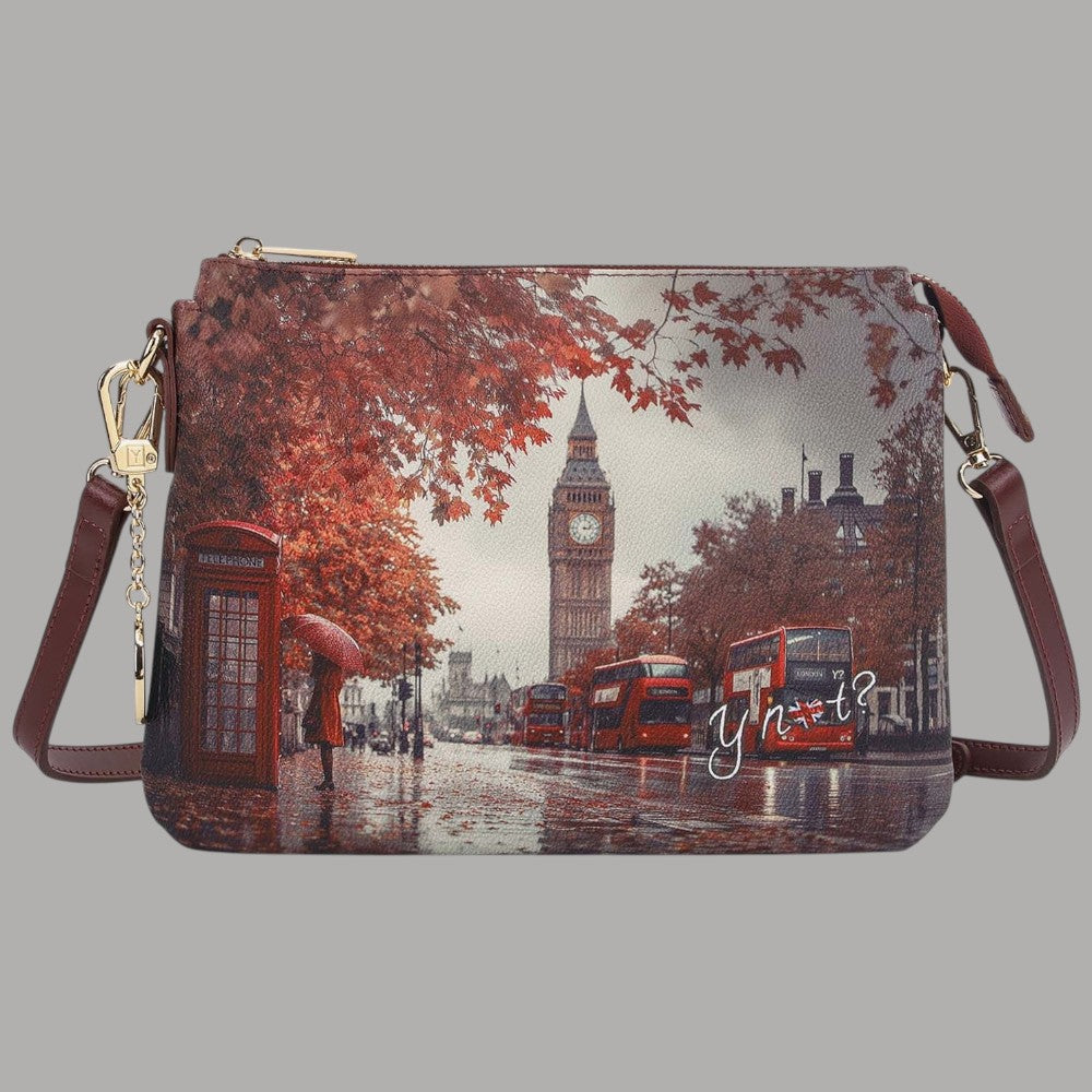 YNot shoulder bag con stampa città di Londra, con Big Ben e autobus rossi