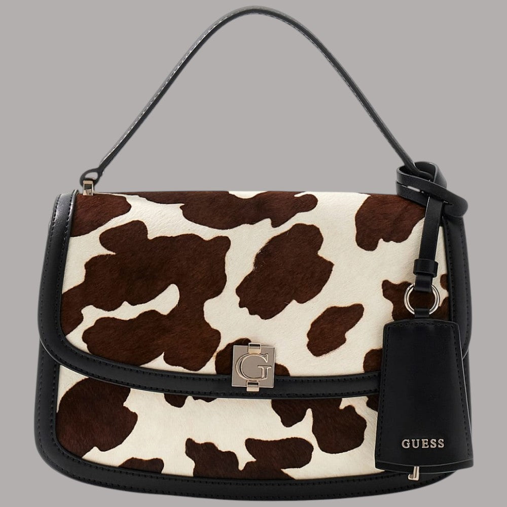 Borsa a mano Guess Audrey con stampa animalier a macchie marroni e crema, tracolla removibile