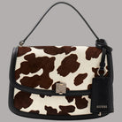 Borsa a mano Guess Audrey con stampa animalier a macchie marroni e crema, tracolla removibile