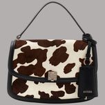 Borsa a mano Guess Audrey con stampa animalier a macchie marroni e crema, tracolla removibile