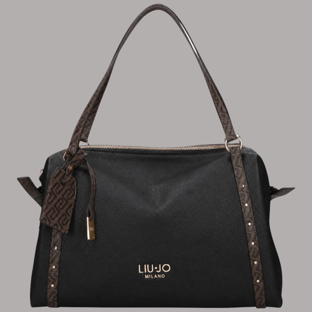 Liu Jo borsa a spalla media nera effetto grana con dettagli logati marroni