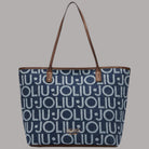 Borsa a spalla Liu Jo shopping bag blu denim con logo ripetuto e dettagli in pelle