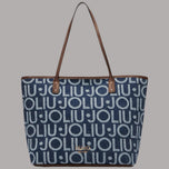 Borsa a spalla Liu Jo shopping bag blu denim con logo ripetuto e dettagli in pelle