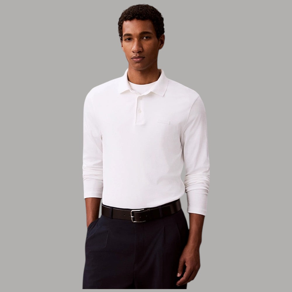 Calvin Klein maglia polo maniche lunghe tinta bianca con colletto e bottoni