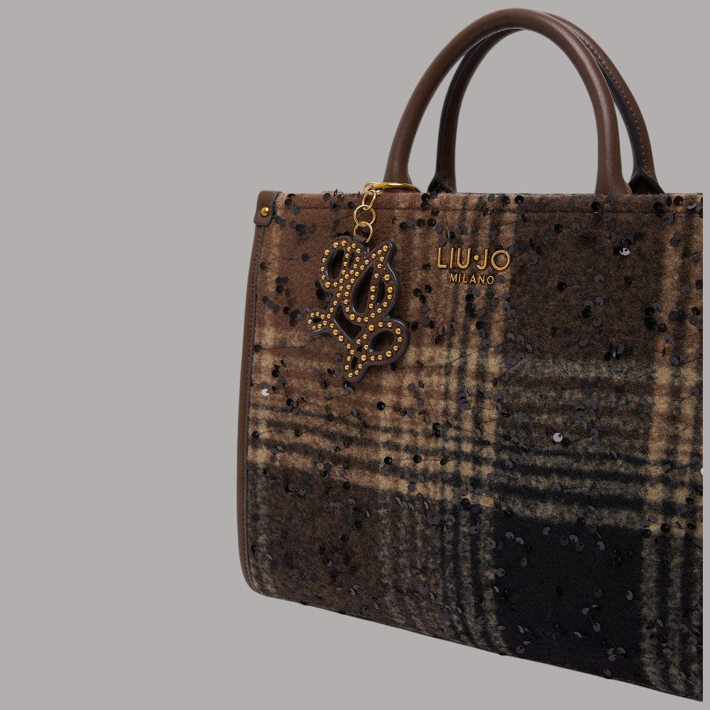Borsa media Liu Jo in tessuto check con paillettes marroni e dettagli dorati