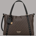 Borsa shopping Liu Jo tote media con logo monogram marrone e dettagli neri