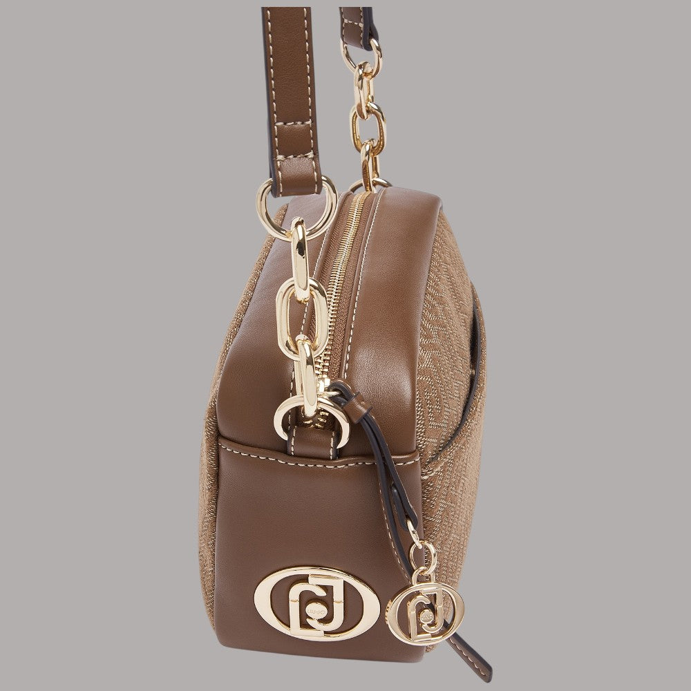 Borsa a tracolla Liu Jo Faiza in tessuto jacquard color marrone con dettagli in pelle e hardware oro