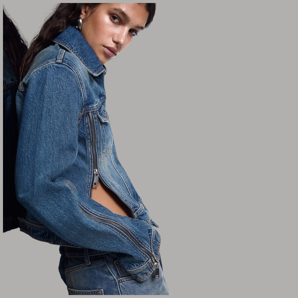 Giubbotto in jeans Liu Jo x Elodie blu con zip e dettagli cuciture