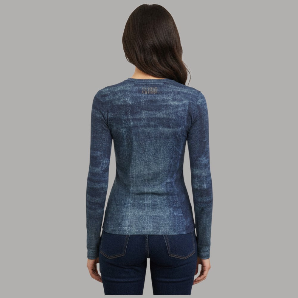 Liu Jo T-shirt manica lunga stampata blu con effetto denim e texture sfumata