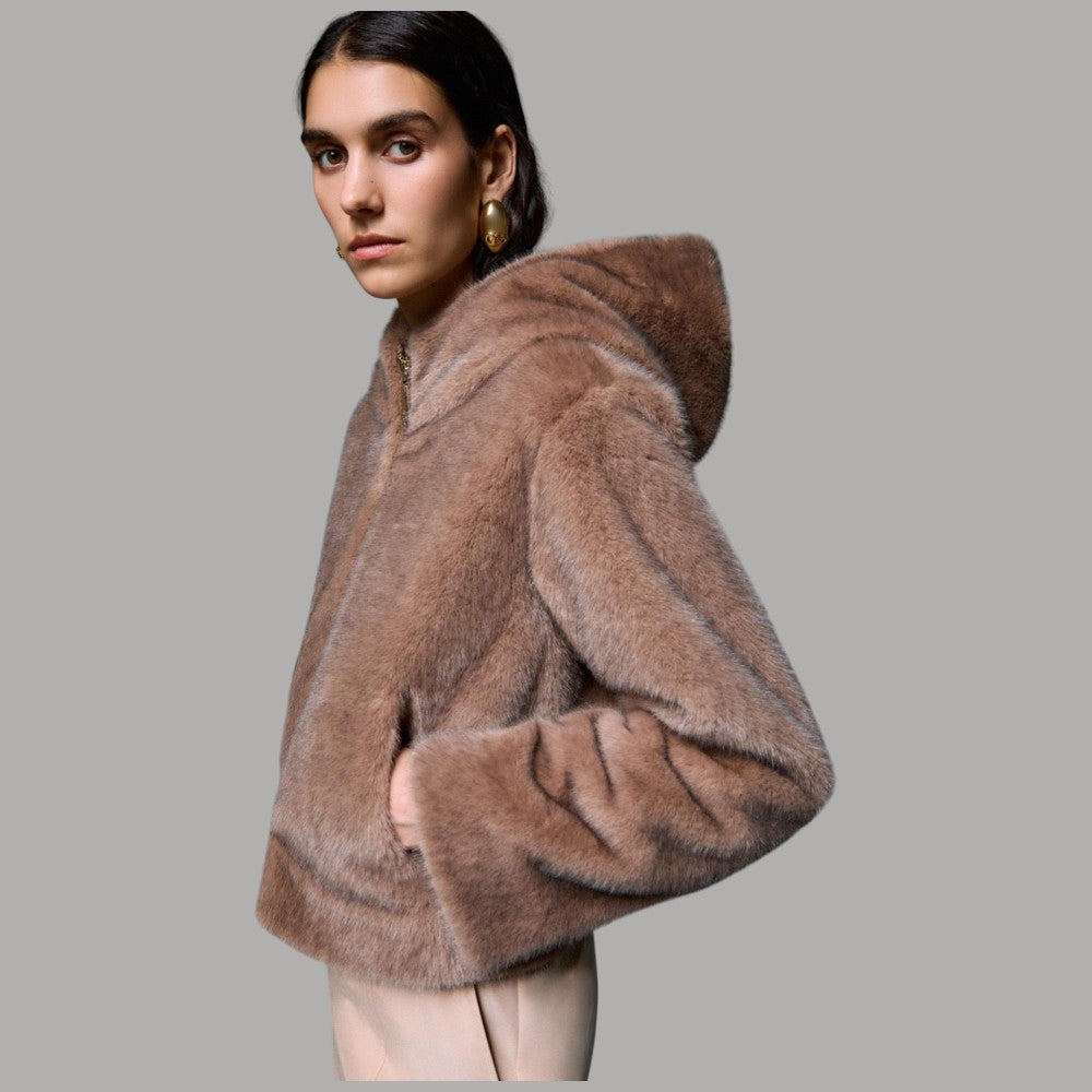 Giubbotto Liu Jo reversibile in teddy marrone, con cappuccio e polsino ampio