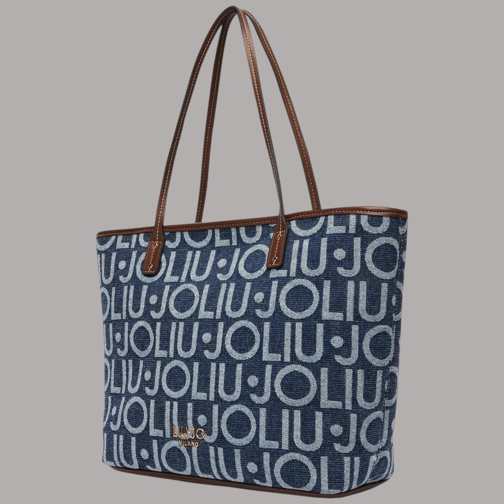 Borsa a spalla Liu Jo shopping bag blu denim con logo, dettagli in pelle