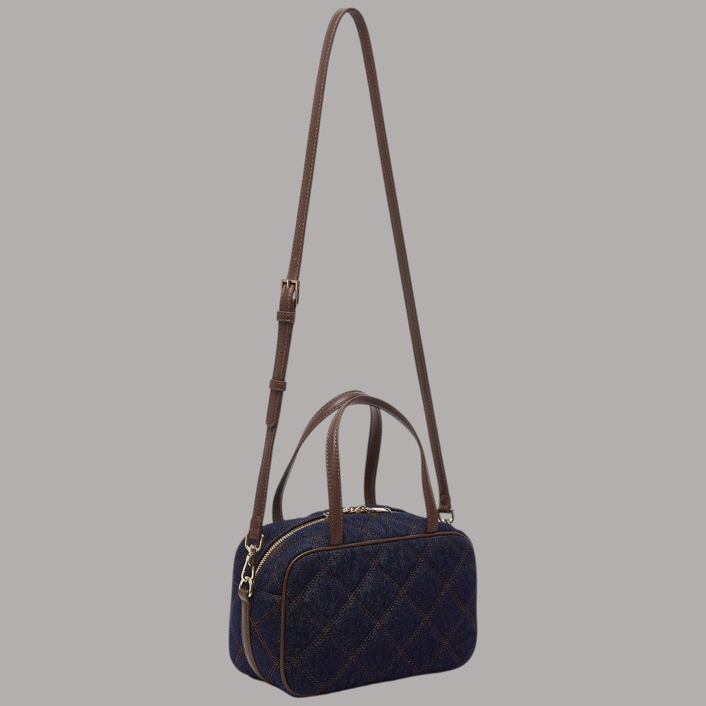 Borsa Liu Jo a tracolla in denim con charm e dettagli marroni, vista frontale