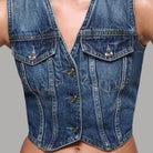 Gilet in denim Liu Jo liena Elodie UF6502D0398 con tasche a pattina e bottoni metallici