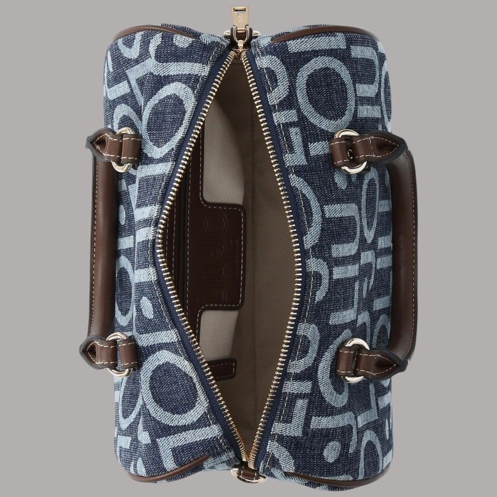 Borsa bauletto jacquard logato blu denim con zip, interni e manici marroni