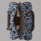 Borsa bauletto jacquard logato blu denim con zip, interni e manici marroni