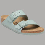 Birkenstock Arizona donna ciabatte in Birko Flor pure sage con doppio cinturino con fibbia e suola in sughero e EVA, vista laterale