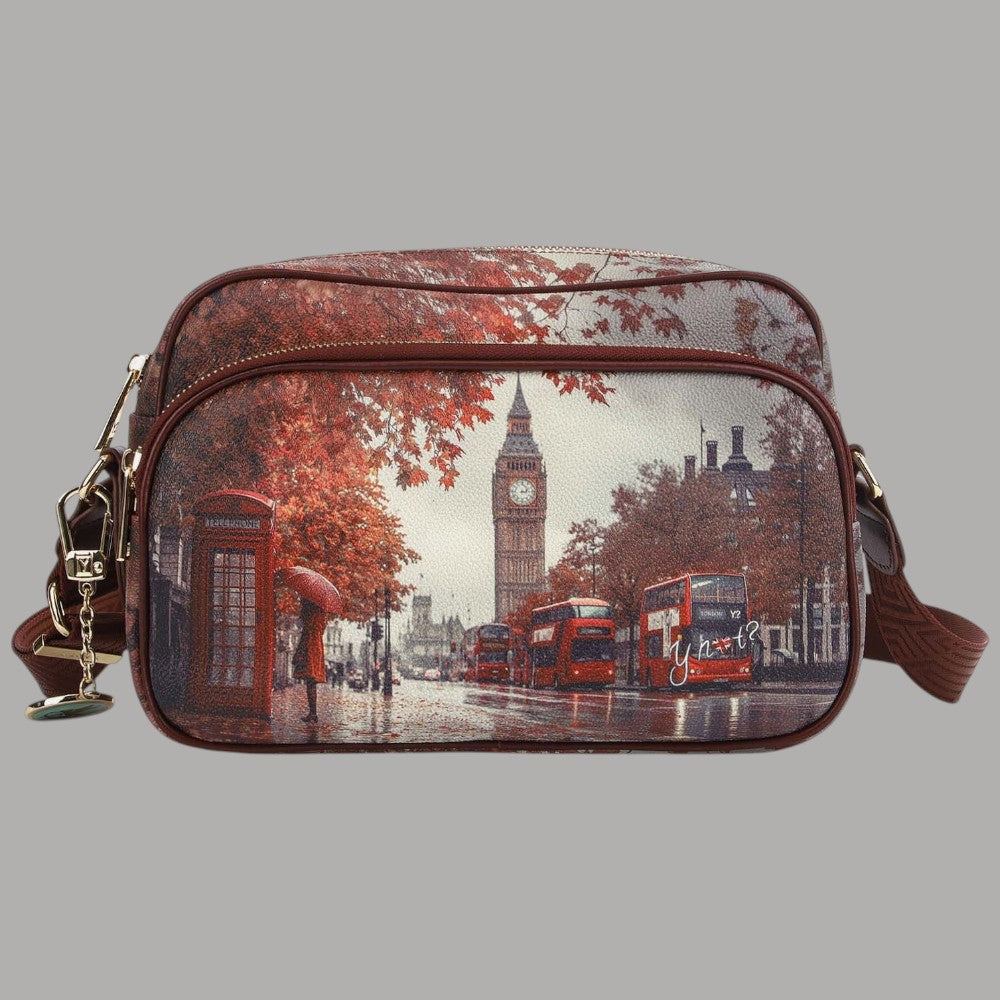Borsa a tracolla YNot Yes Bag grande con stampa città di Londra e dettagli marroni