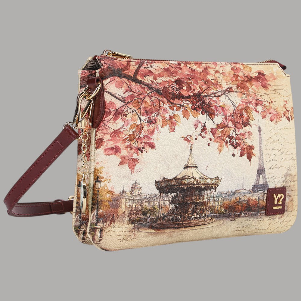 Borsa a tracolla YNot con stampa città e dettagli autunnali, colore beige e rosso