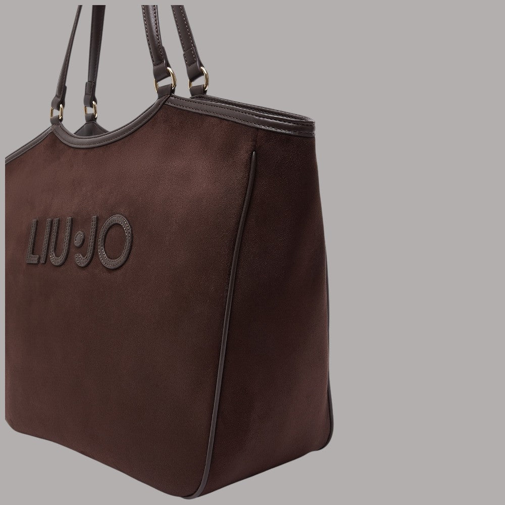 Borsa a spalla Liu Jo tote grande effetto scamosciato marrone con logo in rilievo