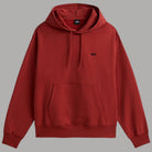 Felpa con cappuccio Vans rossa, dettaglio tasca frontale e logo sul petto