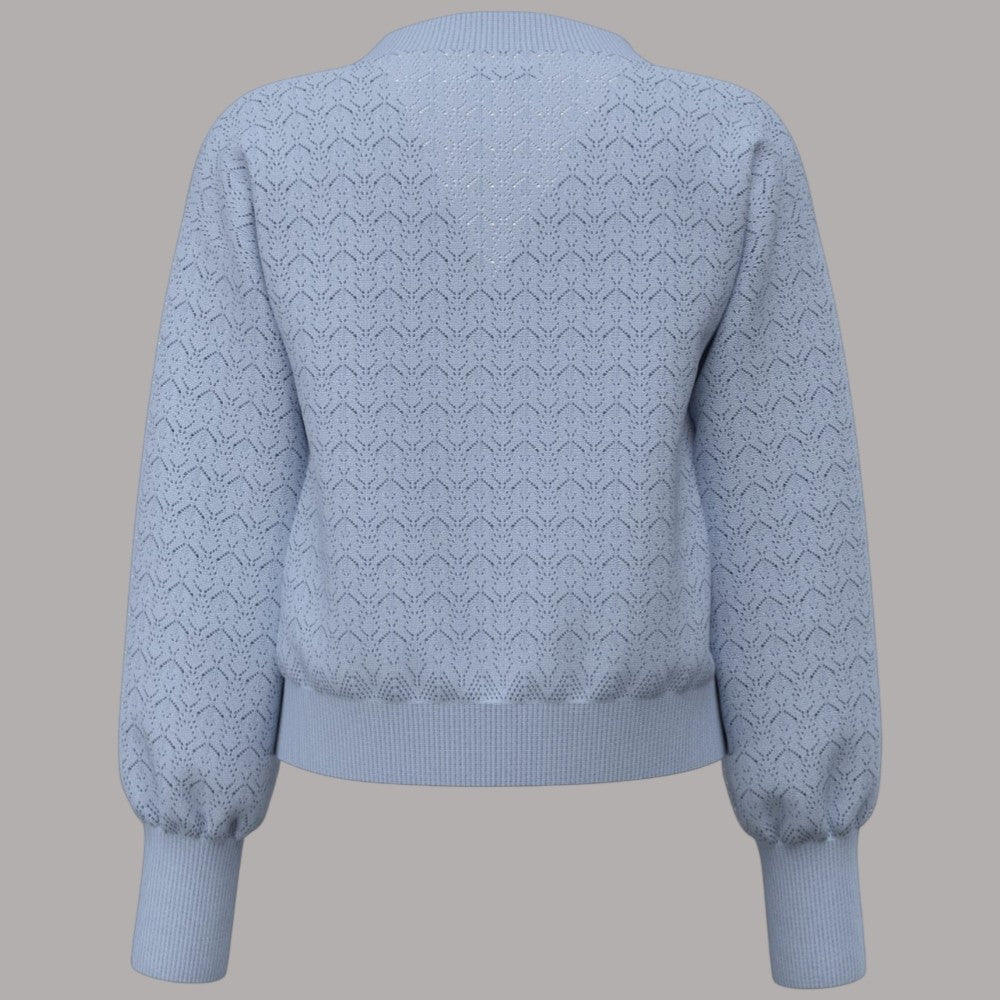 Cardigan Guess Nina lavorato a maglia azzurro con motivo rombi e dettagli a coste