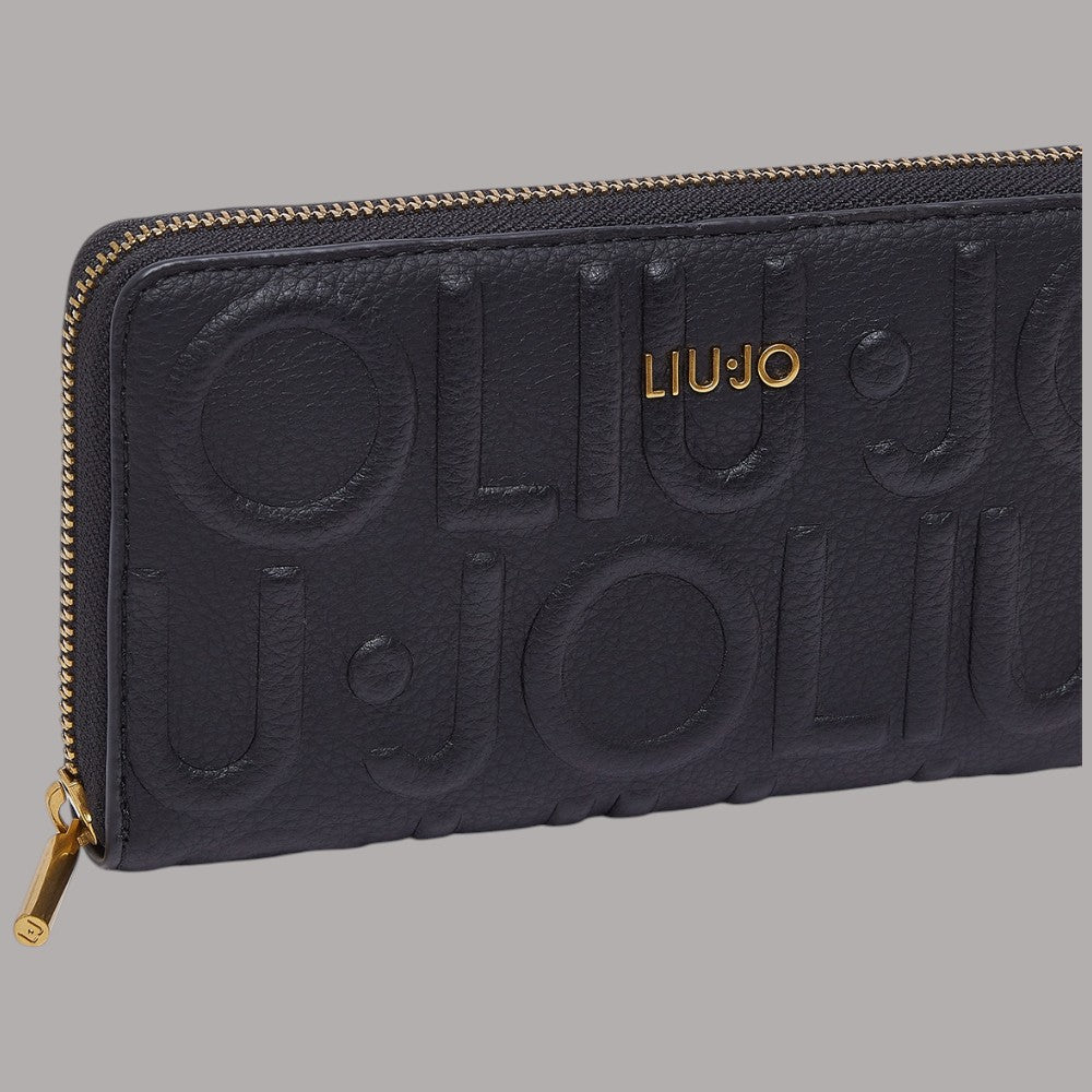 Portafoglio grande Liu Jo nero dettaglio logo a rilievo e bordo con zip