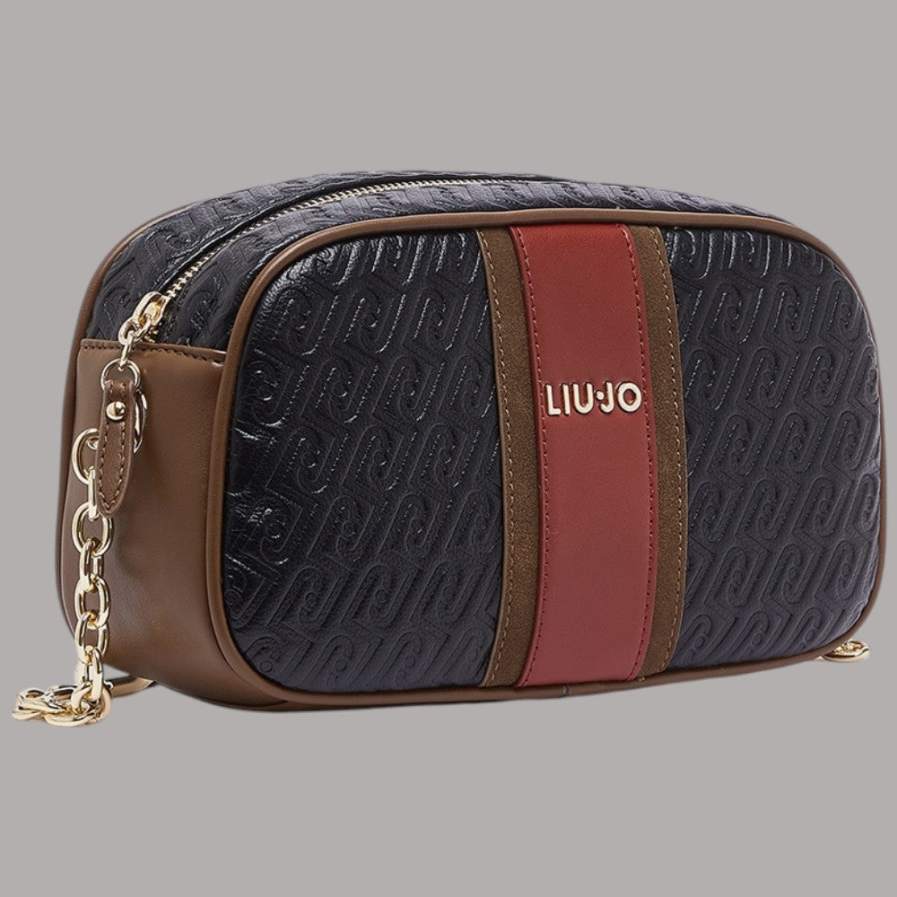 Borsa a tracolla media vista laterale, goffrata nera con catena e fascia rossa, logo LIUJO