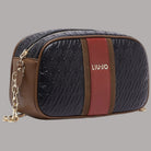 Borsa a tracolla media vista laterale, goffrata nera con catena e fascia rossa, logo LIUJO