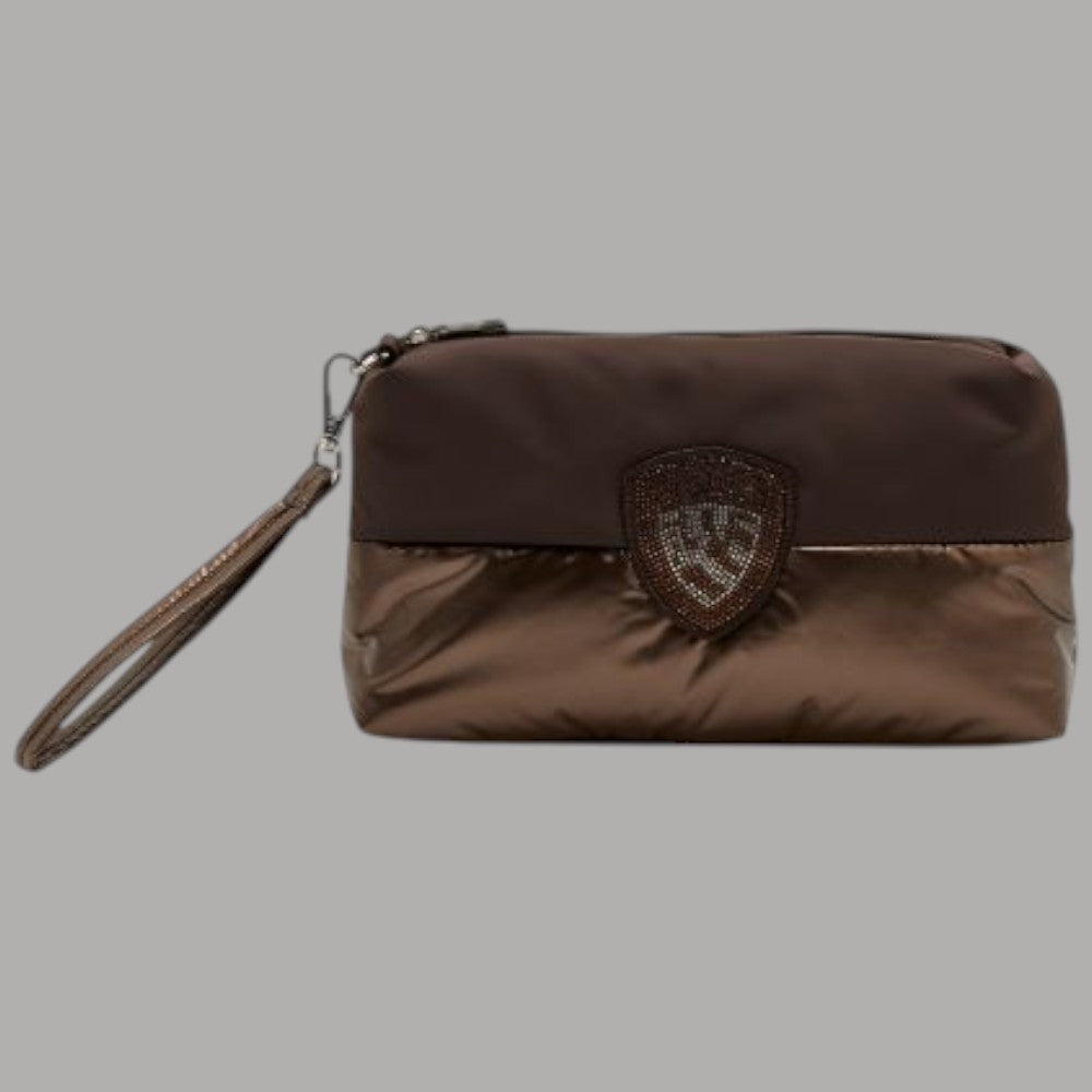 Blauer pochette donna clutch in tessuto nylon color marrone con dettagli logato e tracolla