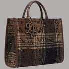 Borsa media Liu Jo in tessuto check con paillettes e dettagli metallici, vista frontale