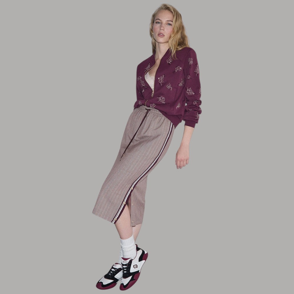 Gonna midi Liu Jo con tape laterale beige e dettagli a righe, dettaglio cuciture