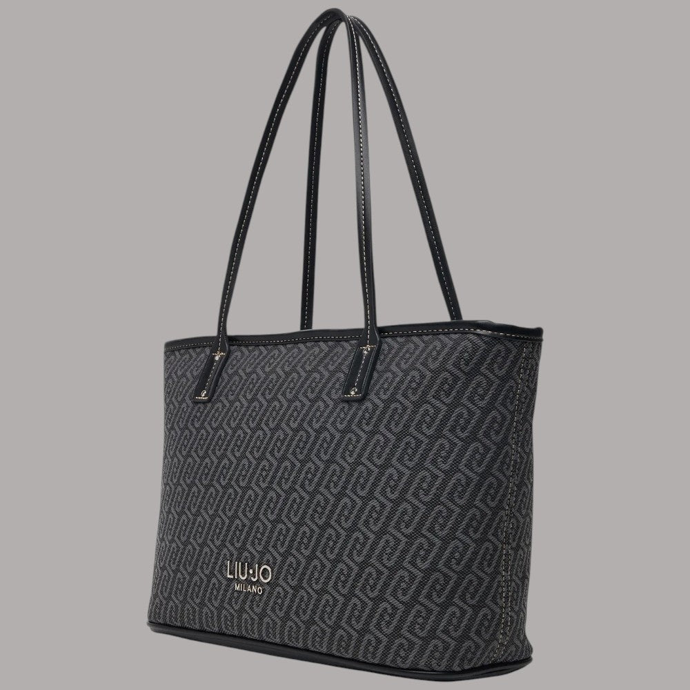 Borsa shopper Liu Jo tote media in tessuto jacquard grigia con dettagli neri e logo Liu Jo