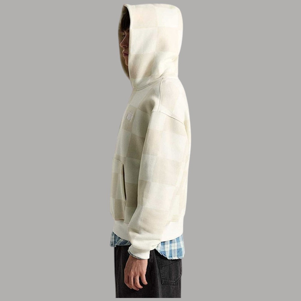 Felpa con cappuccio beige a scacchi, logo Vans, tasca frontale, maniche lunghe