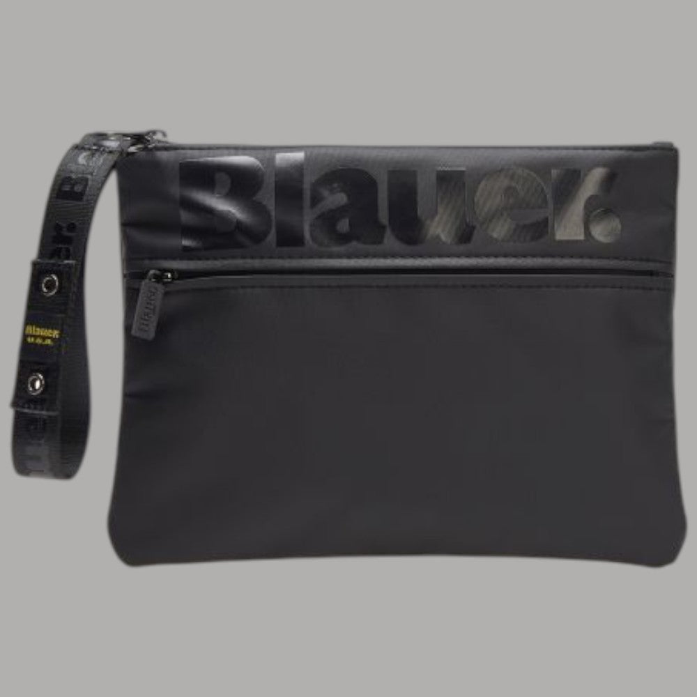 Pochette uomo Blauer in nylon cerato nera con logo trasparente e tracolla regolabile